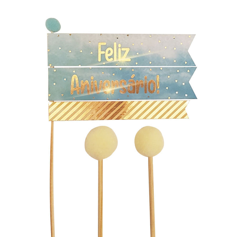 Topo De Bolo Feliz Aniversário Pompom Azul REF225 AMORA