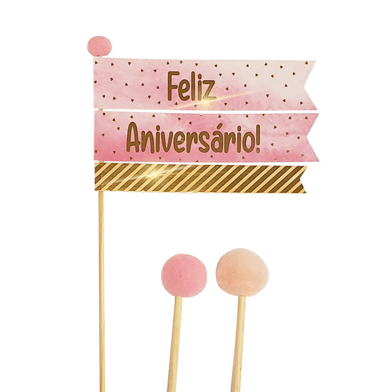 Topo De Bolo Feliz Aniversário Pompom Rosa REF224 AMORA