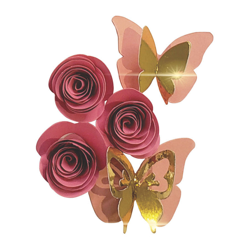 Topo De Bolo Rosas PP E Borboletas 3D Rosa REF204 AMORA