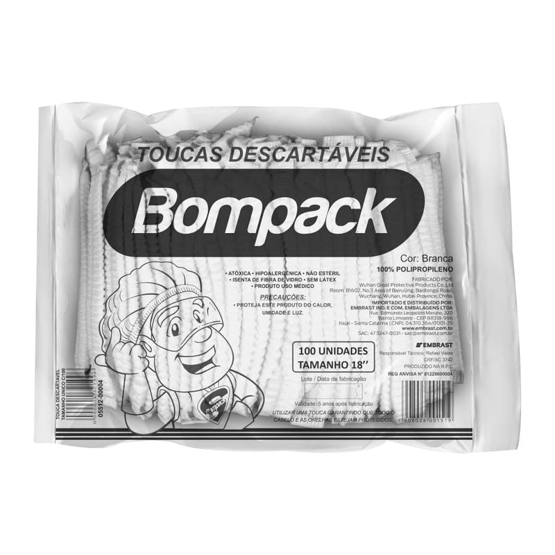 Touca Descartável Sanfonada Branca com 100 un - BOMPACK